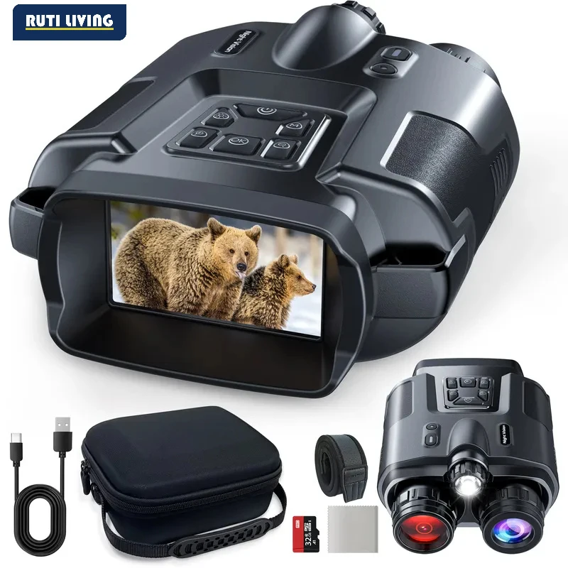 4K Night Vision Binoculars 32GB Infrared Night Vision Goggles 3” Large Screen 8X Digital Zoom Tactical Light for Camping Hunting