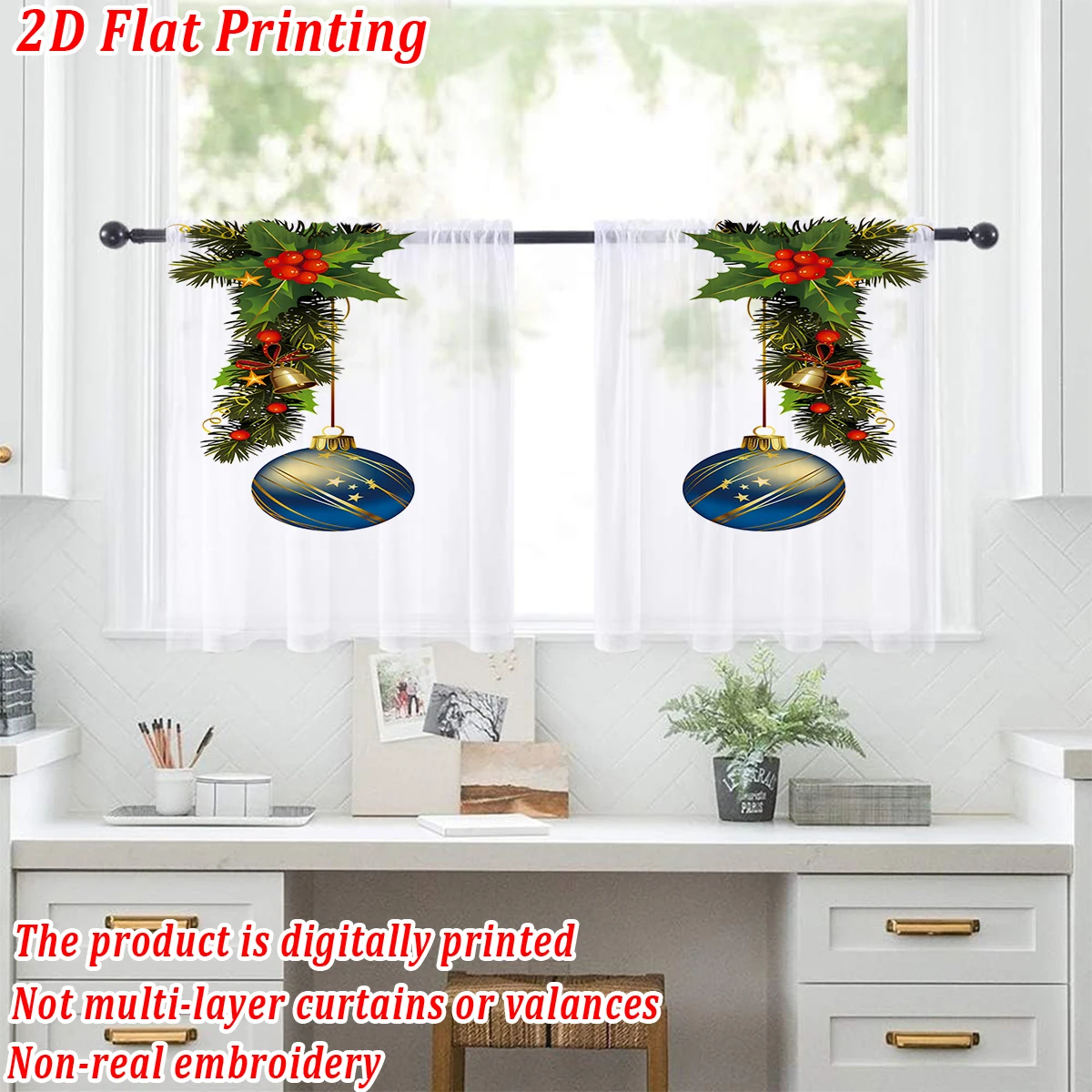 Christmas Flat Printing Kitchen Sheer Curtain with Merry Christmas Ball Mistletoe Pine Branch For Christmas Home Decor  Party