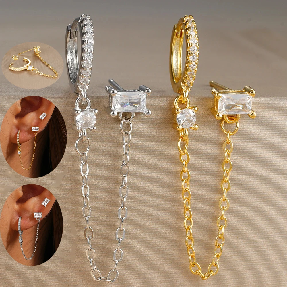 ต่างหูห่วงโซ่คล้องมาใหม่ล่าสุดสำหรับผู้หญิงต่างหูสี่เหลี่ยมพู่ห้อยทำจากสแตนเลสเพชรสังเคราะห์เครื่องประดับแบบกลัดหู