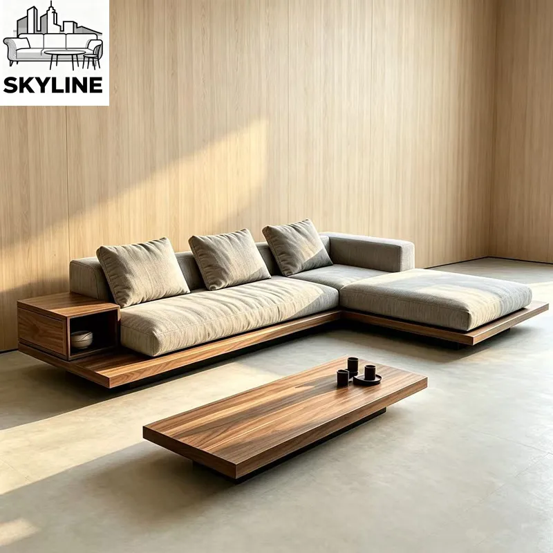 Black walnut solid wood sofa, new Chinese floor-to-ceiling L-shaped corner medieval fabric sofa