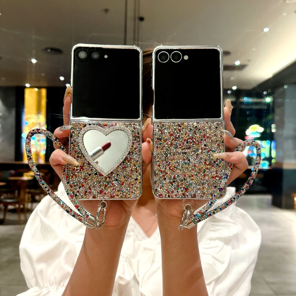 

Luxury Glitter Coloful Diamond Love Heart Mirror With Lanyard Phone Case For Samsung Z Flip 5 4 6 7 FE Flash Drill Cover Bumper