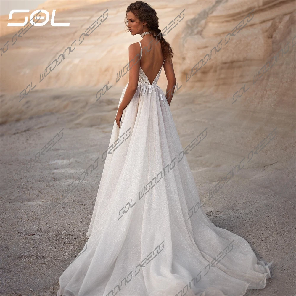 SOL-Deep V Neck Vestidos de casamento, vestidos de noiva, Spaghetti Straps, Gold Spraying Net, A-Line, Open Back, lindo