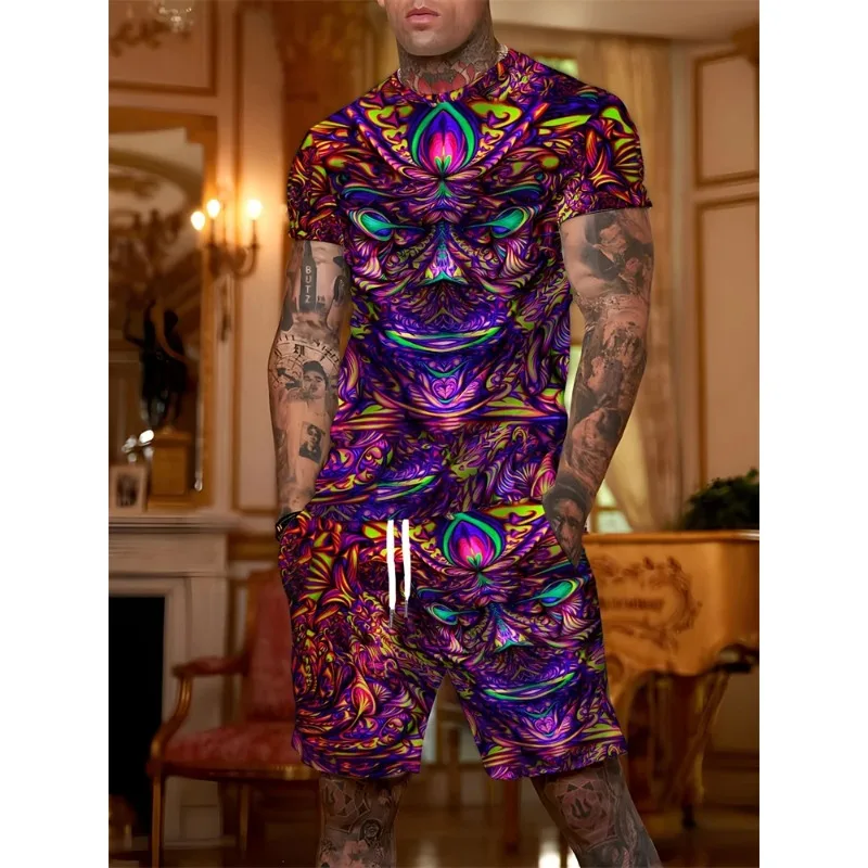 2025 New 3D Printed Hip Hop Printed Summer Short Sleeve Shorts Set, Round Neck T-shirt Casual Fashion 2-piece Set