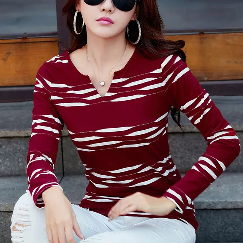 Katoenen T-shirts Vrouwen Lange Mouw Gestreept T-shirt Dameskleding Mode Slanke Tops T-shirt Femme
