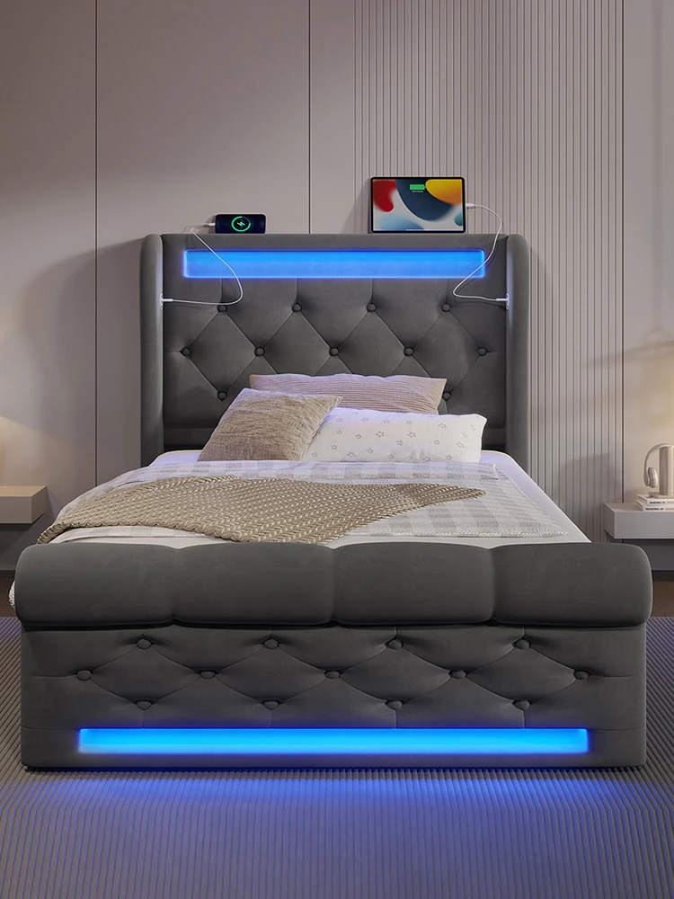 KOMHTOM Modernes Polsterbett Einzelbett 90x200cm mit LED-Leuchten, USB- und Typ-C-Anschlüssen, Hydraulisches Stauraumbett