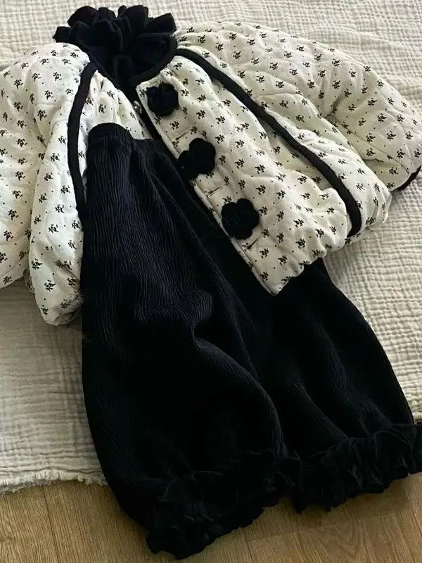 

Утепленный хлопковый комплект с цветочным принтом: куртка и брюки для девочек, теплый осенне-зимний детский костюм из двух предметов, повседневный стиль