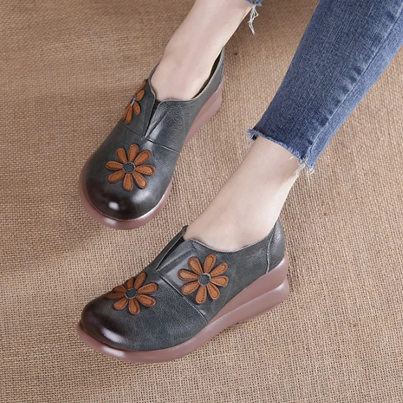 Flower Fashion Flat Women Embroider Increase Wedge Shoes Genuine Leather Ethnic Design Women\'s Shoes Ladies Espadrilles Loafers