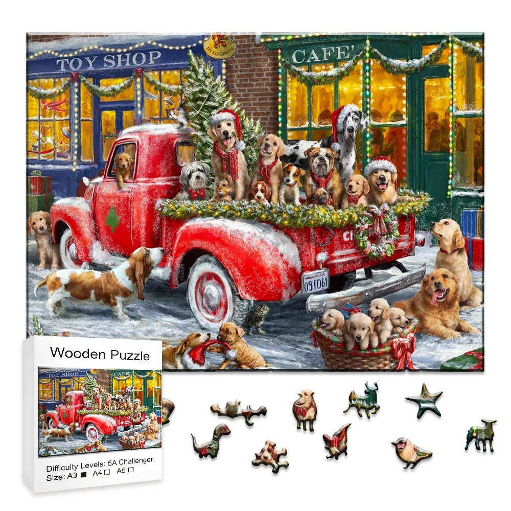 Wooden Puzzle For Adults Dnd Children Christmas - Christmas Truck, Puppies With Christmas Hats, Very Meaningful Holiday Gifts