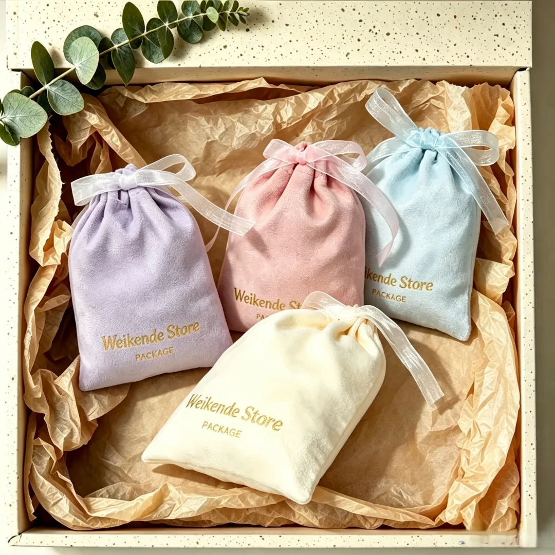 50Pcs Personalized Logo Flannel Drawstring Jewelry Pouch with Organza String Gift Packaging Bag for Cosmetics &Party Favors Sack