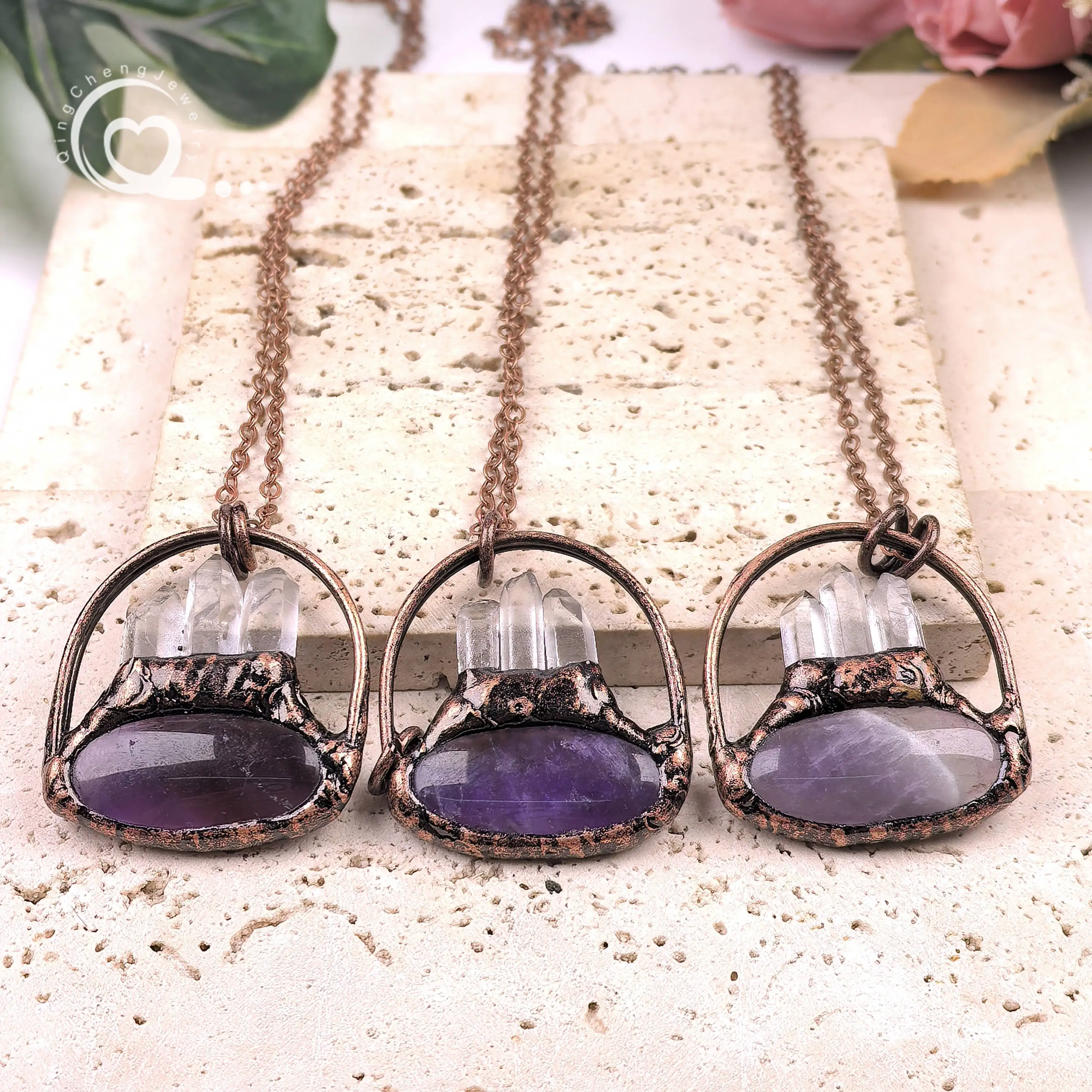 

Soldered Bronze Quartz Point Amethyst Pendants,Raw Crystal Healing Chakra Charms Antique Necklace Women Boho Jewelry Gift,QC3452