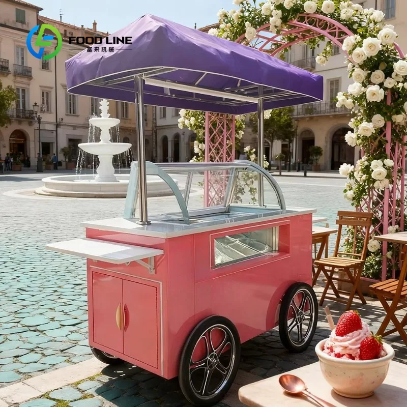 Customized Mobile Ice Cream Gelato Hand Push Cart Display Freezer Stainless Steel Fast Food Stand 4-Wheel Outdoor Events