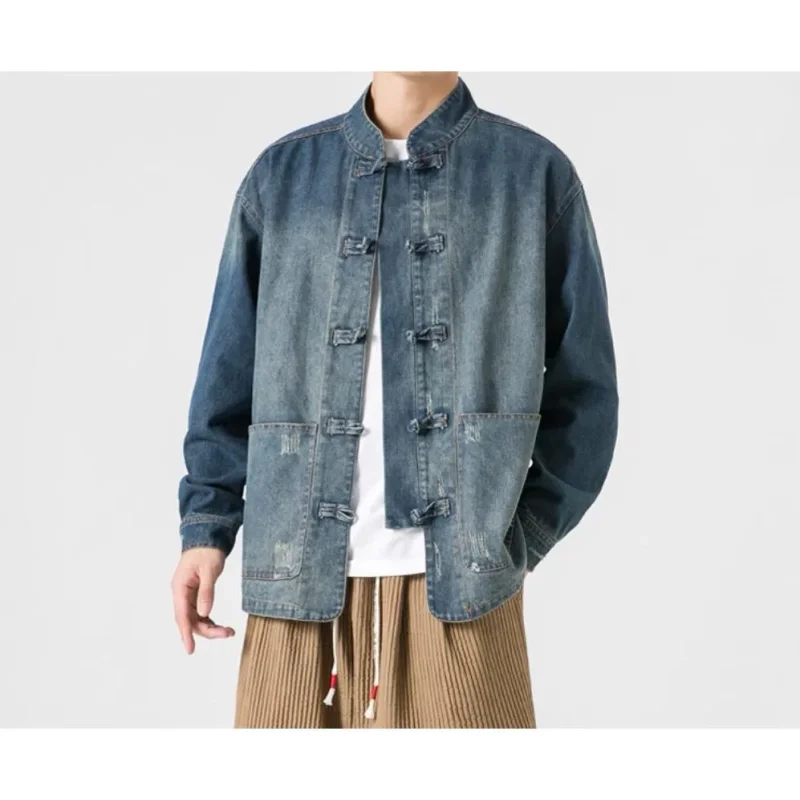 Retro Chinese Style Washed Denim Jacket For Men Spring Autumn Long Sleeved Stand Collar Top Fashion Vintage Ethnic Shirts Coat