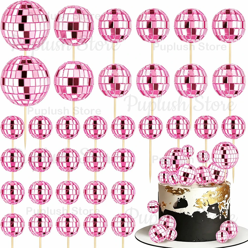 34-teiliges Disco-Kugel-Cupcake-Topper-Set, Spiegel-Silber, Gold, Pink, 70er Retro Kuchendekoration für Disco-Themen-Geburtstagsfeiern – Detail 3