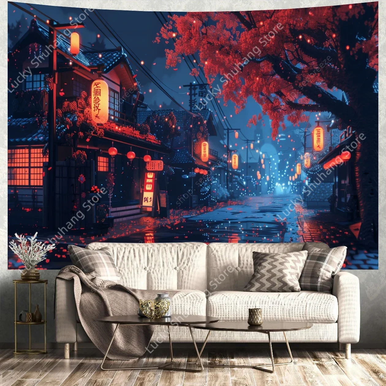 Anime Japan House and Street Tapestry Wall Hanging for Hippie Boho Aesthetic Room Decor Psychedelic Home Wall Decor Yoga Mat