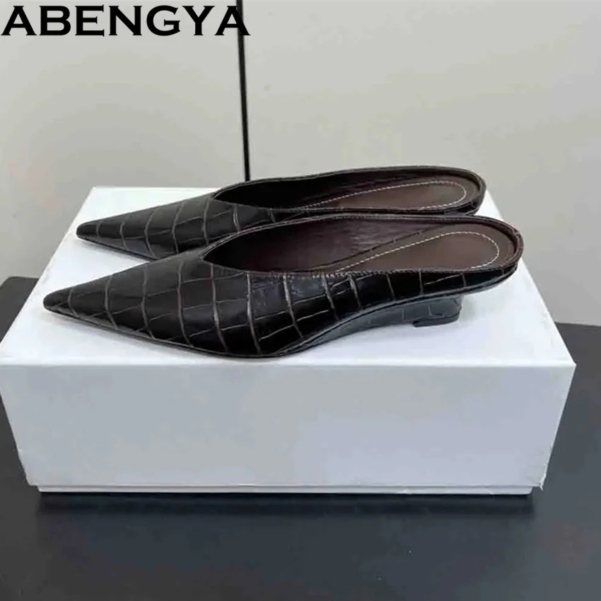 

Summer Real Leather Slides Wedges Heels Point Toe Slippers Women's Sandals Dress Shoes High Heel Modern Slippers Women