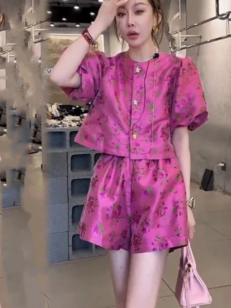 

Chinese Style Luxury 2 Piece Sets Outfits Rose Pink Flower Pattern Puff Sleeve Single Breasted Shirts Short Pants Elegant Women
