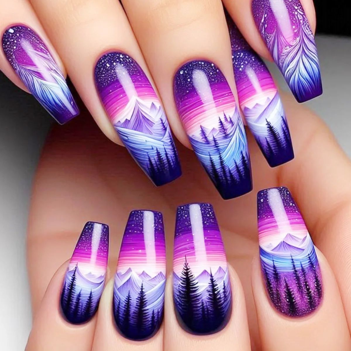 24pcs/set Medium Long Fake Nails for Summer Autumn Winter Gradient Purple Blue Starry Sky Sunset Flower Y2K Press On False Nails