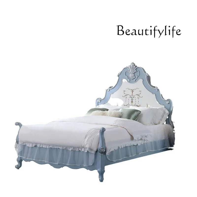 Italian sky blue solid wood double bed English three-color painted European bedroom bed