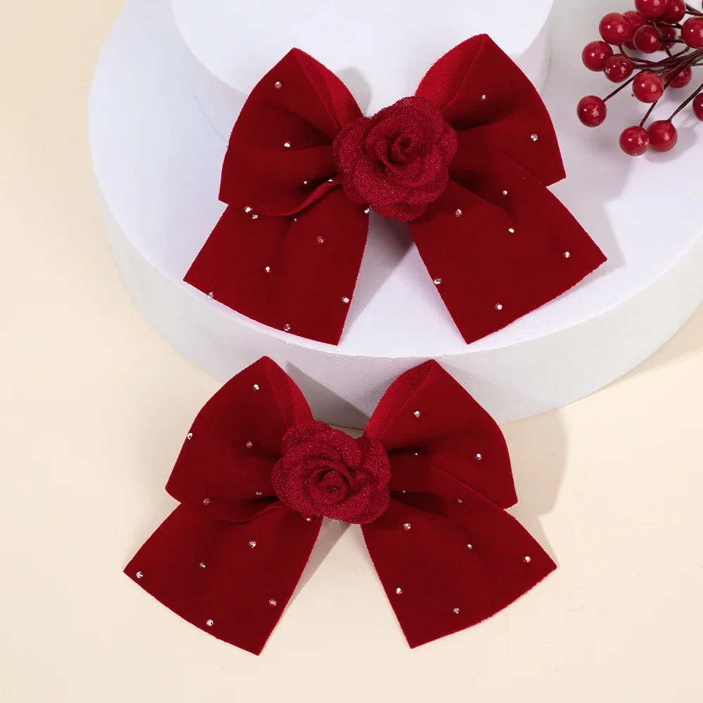 ncmama 2PCS Flannel Rose Flower Bow Hair Clips Cute Red Velvet Bow Hairpins for Girls Headwear Hairgrips Pearl Hair Accessories