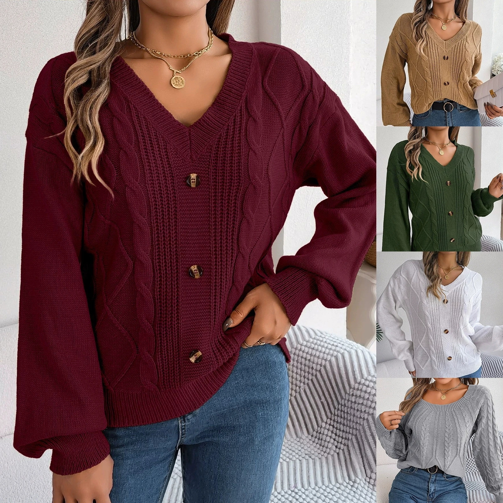 

Autumn Winter Solid Elegant Fashion V-neck Button Fried Dough Twists Lantern Sleeve Pullover Sweater