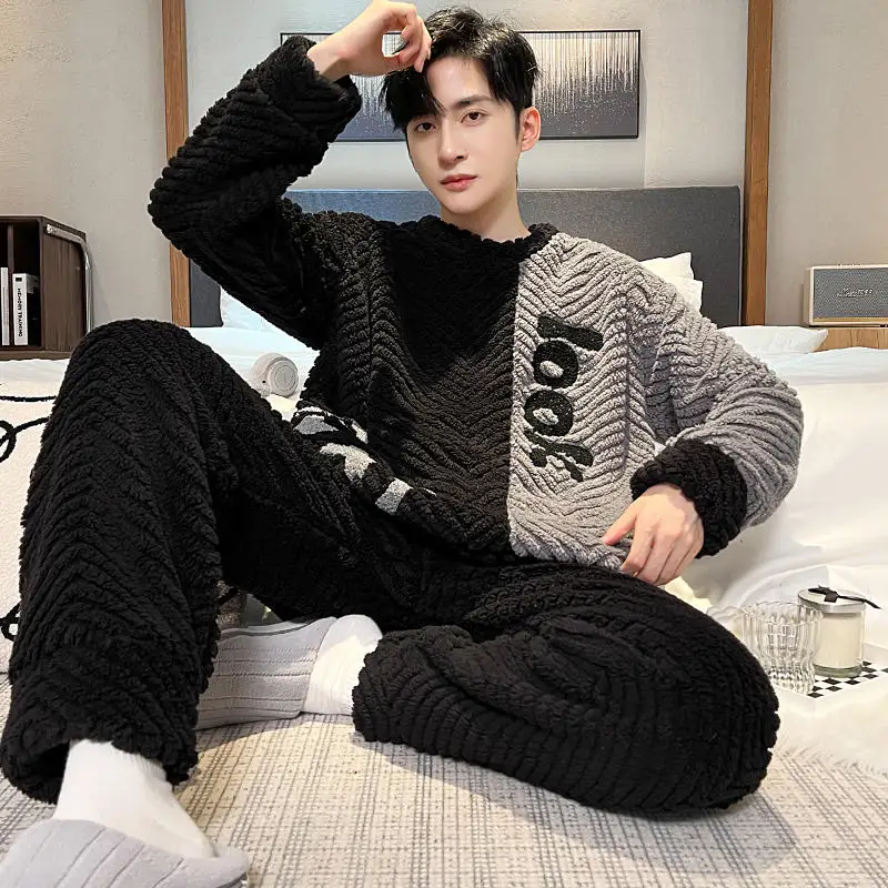 2022 Thick Flannel Men\'s Pajamas Set Autumn Winter Plus Velvet Thicken Long Sleeves Sleepwear Pjs Nightwear Warm Lounge Wear Set