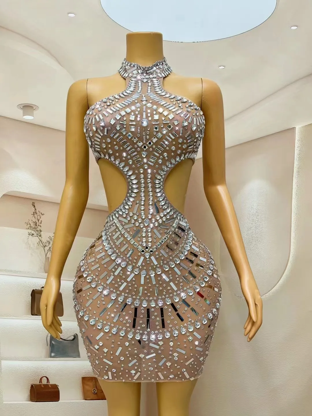 

New Silver Rhinestones Sequins SexyBackless Dress Birthday Celebrate Outfit vening Stage Performance Dancer Costumefangxiang