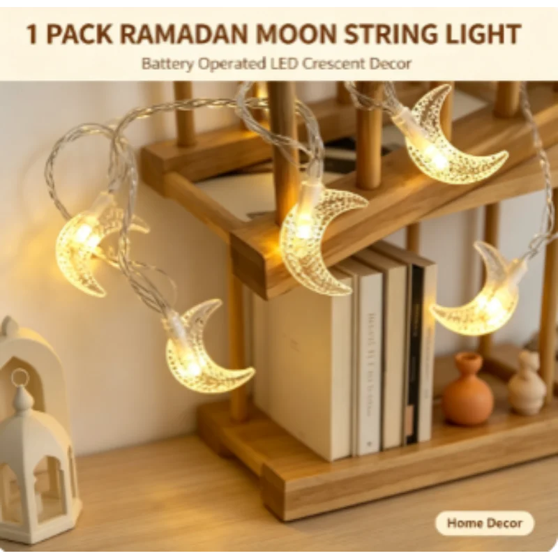 1pack Ramadan Decor Moon String Lights Battery Operated LED Ramadan Mubarak Lights For Crescent Party Home Garden Living Rooms