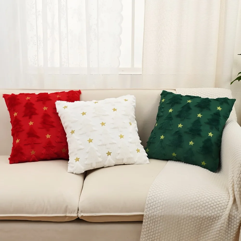 New Christmas Tree Plush Cushion Cover Embroidered Golden Star Soft Xmas Pillowcase Square Decorative Pillow Case Party Decor