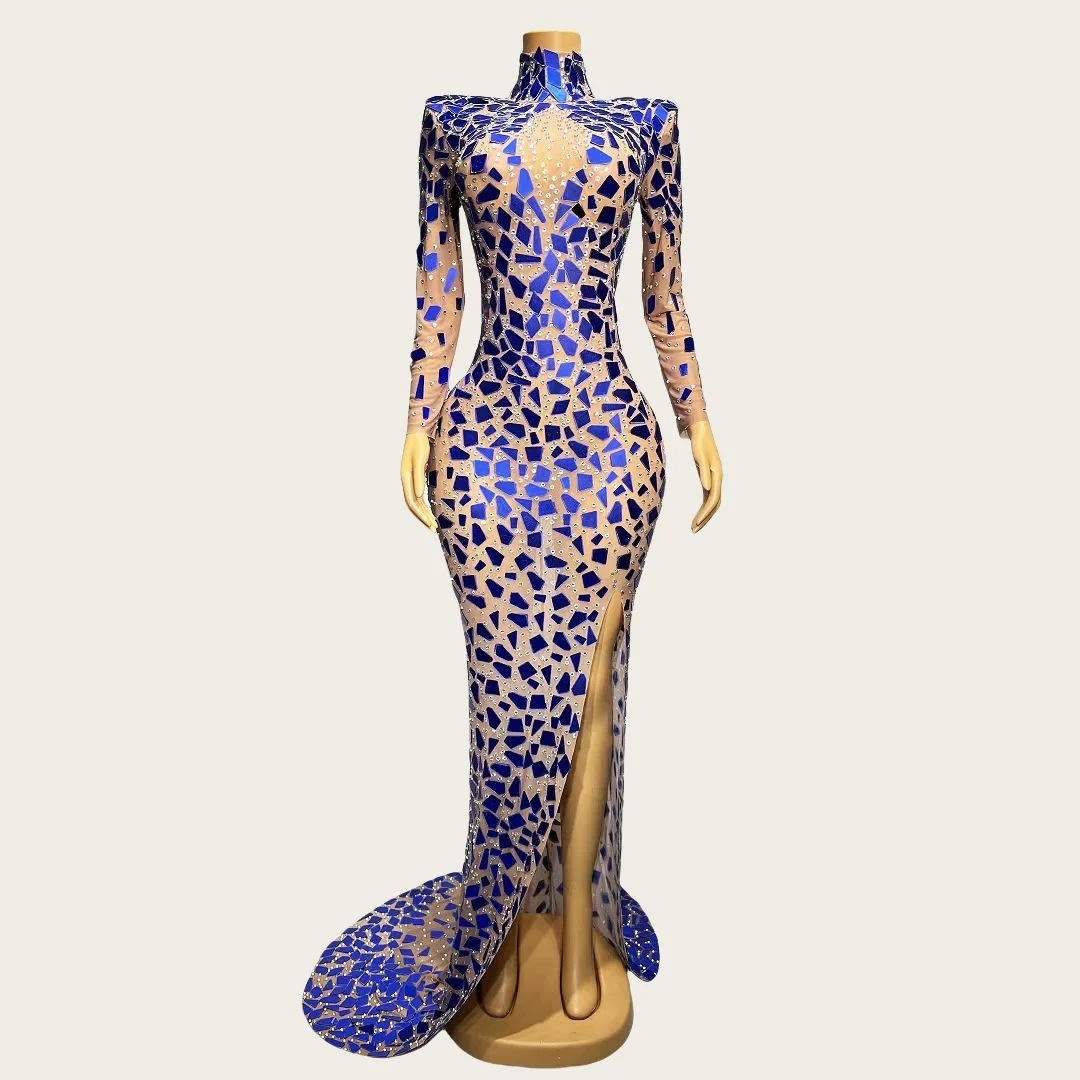 Lanjing Elegant กระจกสีฟ้าชุดราตรีผู้หญิงชุดราตรีชุดราตรีแขนยาวด้านข้าง Slits ชุดยาวพรหม High-end Couture