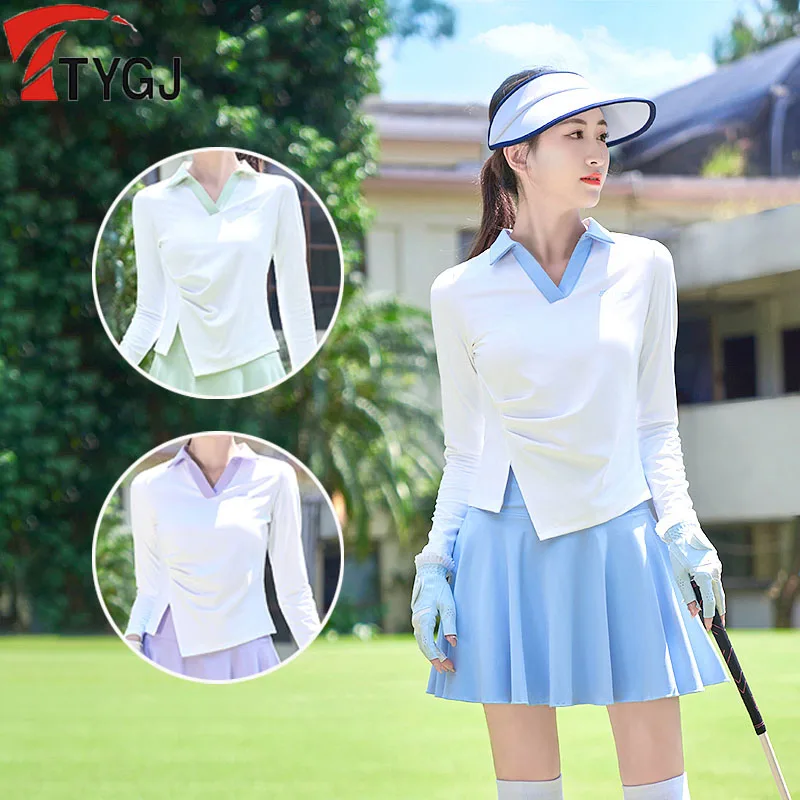 

TTYGJ Female V-neck Full Sleeve Golf Shirts Women Turn-down Collar Split Hem Golf Tops Breathable Quick Dry Sports Jersey