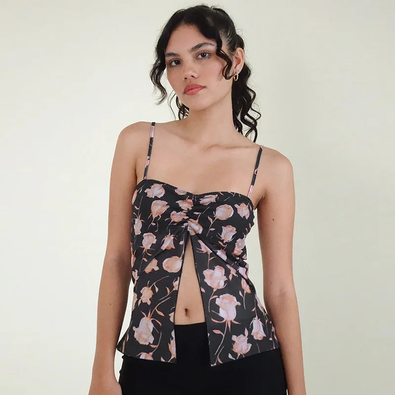 

New Women'S Sexy Top With Waist Cinching And Exposed Navel Vest, Mesh Rose Print Split Suspender