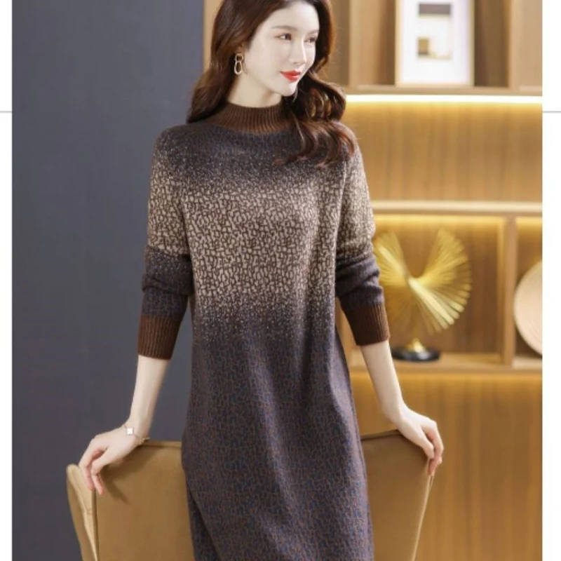 Elegant Stand Collar All-match Gradient Knitted Dress Women\'s Clothing 2024 Autumn Winter New Loose Office Lady Midi Dress