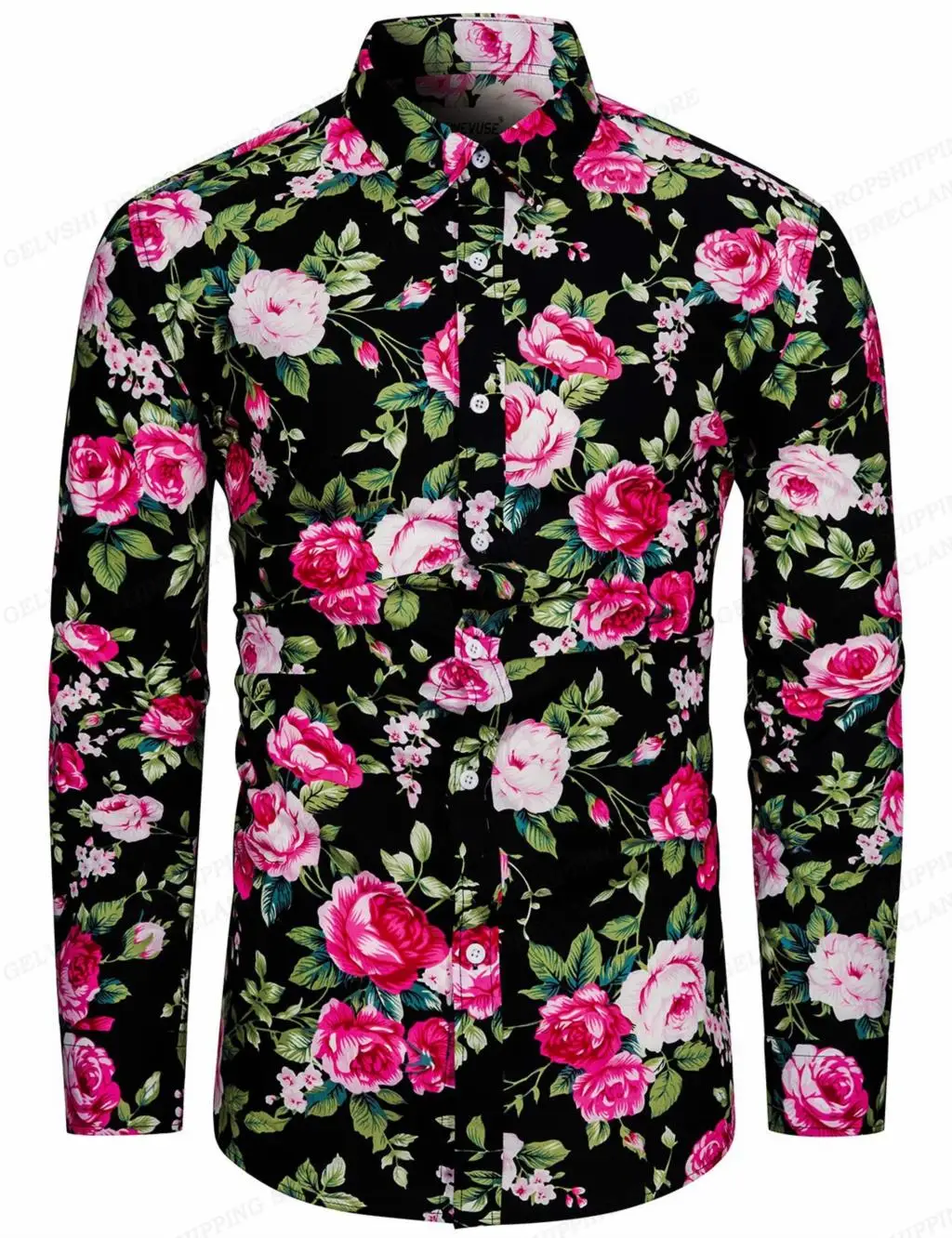 Camisa floral havaiana de manga comprida masculina, camisas da moda, blusa de praia, blusas florais, roupas masculinas, gola virada