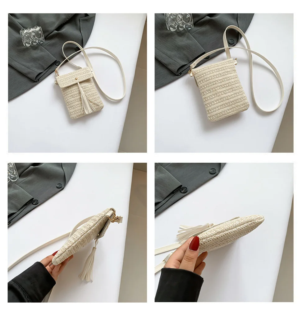 Fashion Women Woven Beach Bag Holiday Mobile Phone Shouder Bag Summer Tassel Small Crossbody Bag for Lady Girls Travel Handbag