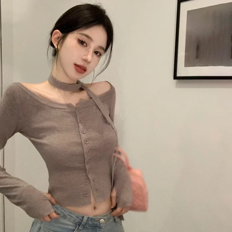 Women's Knitted Tops Slim Fashion Long Sleeves Tops Korean Version Solid Colour