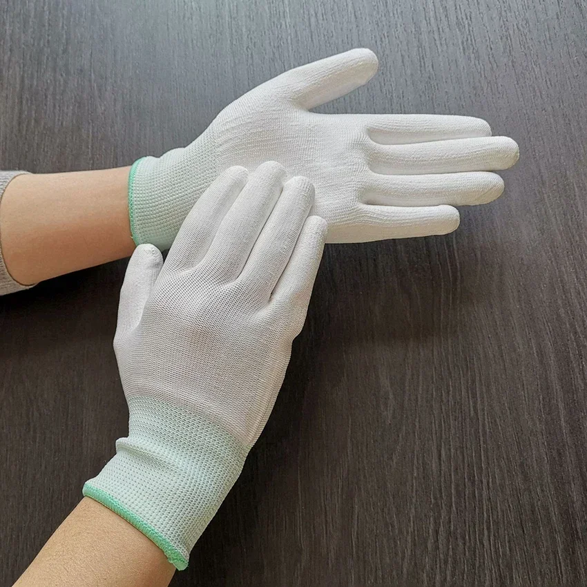 Anti Static Safe Gloves Electronic Working Gloves Polyester White PU Coated Gloves for Gardening, Fishing- XS, S, M, L guantes