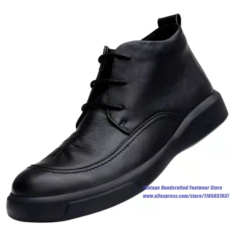 Men's Black Leather Lace-Up Shoes Thick-Soled Casual Shoes Height Increasing Casual Shoes Vintage Handcrafted Men's Shoes