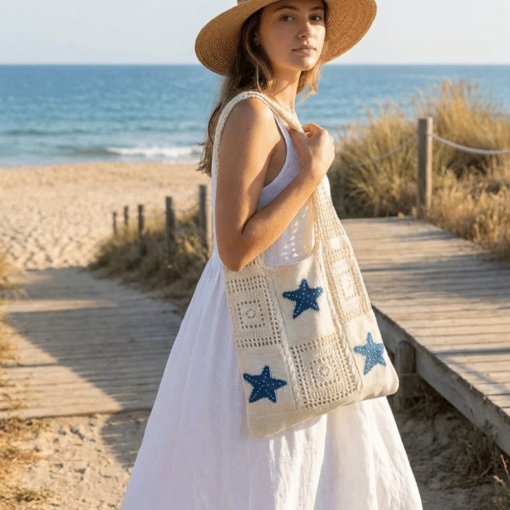 

Модная сумка-тоут с вязаным узором «Морская звезда», большая вместительная сумка через плечо с вышивкой в корейском стиле, вязаная сумка для женщин