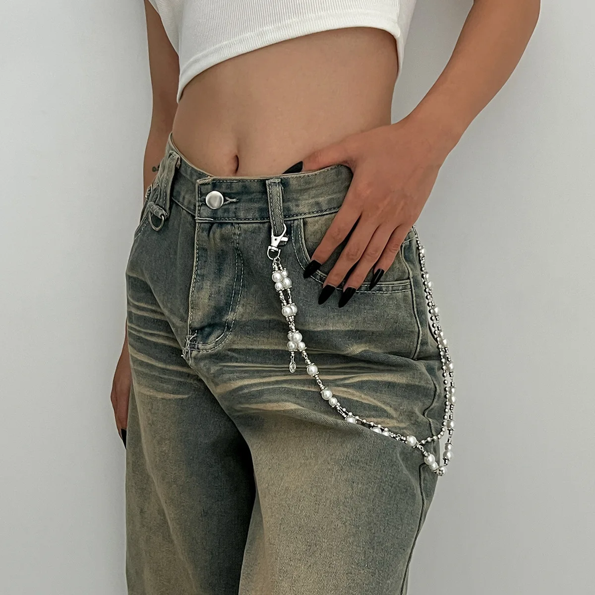 

Creative Unique Imitation Pearl Jeans Pants Chain for Women Retro Hip Hop Bag Wallet Keychain Men and Women Jewelry Accessories
