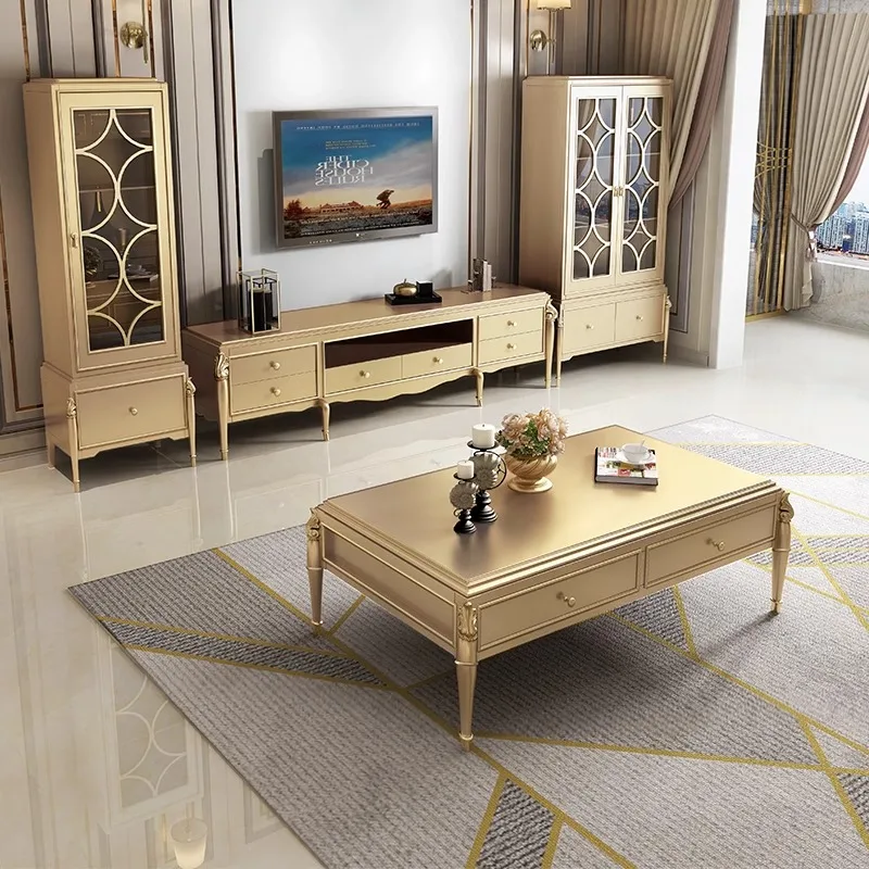 American Luxury Solid Wood Tea Table TV Cabinet Combination Living Room Corner Table European Oak Tea Table Champagne