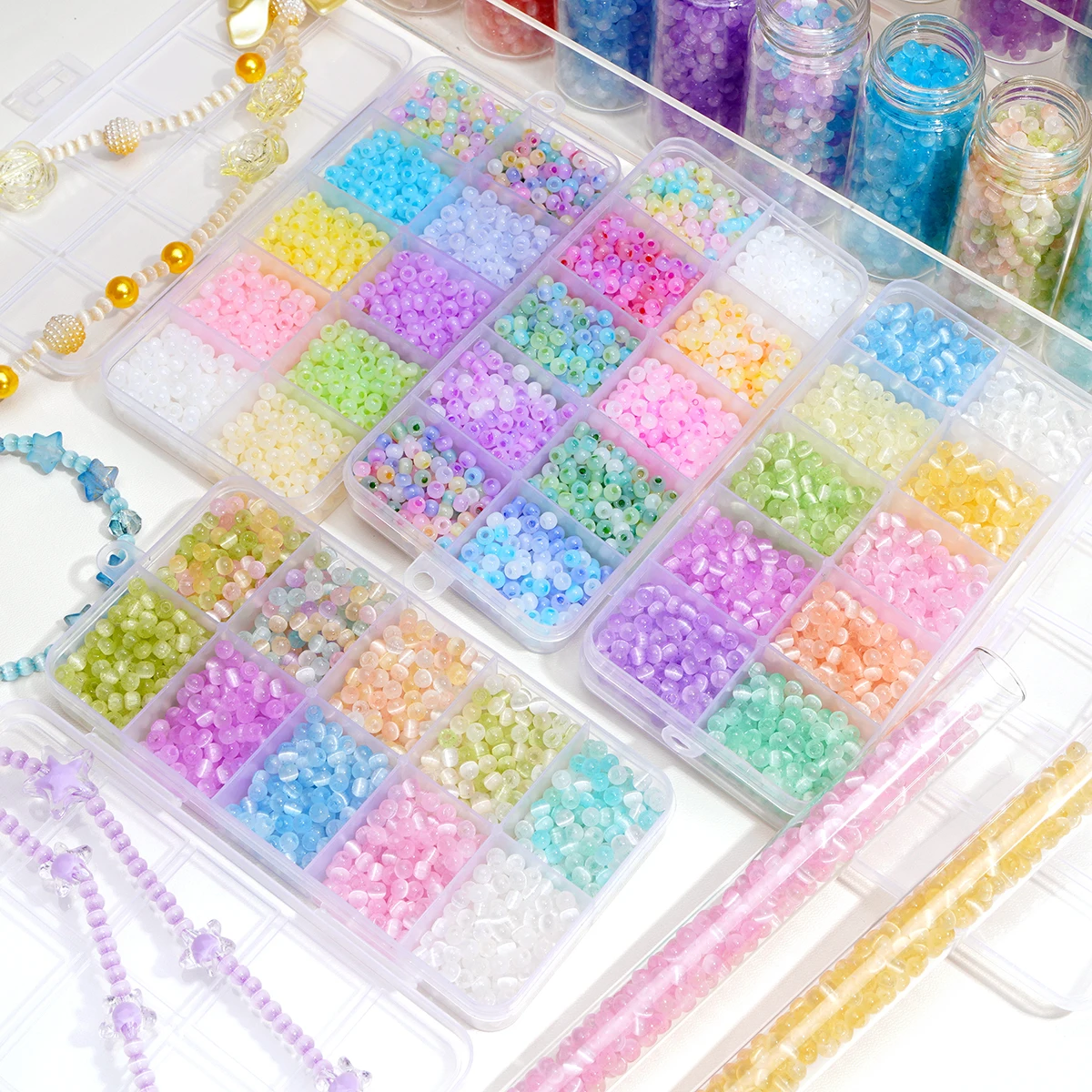 DIY Jewelry Making 10 Grids 4mm Cat's Eye Ice Glass Beads 8g/10g-Grid ≈1200-1500pcs for Necklace Bracelet Craft Kit