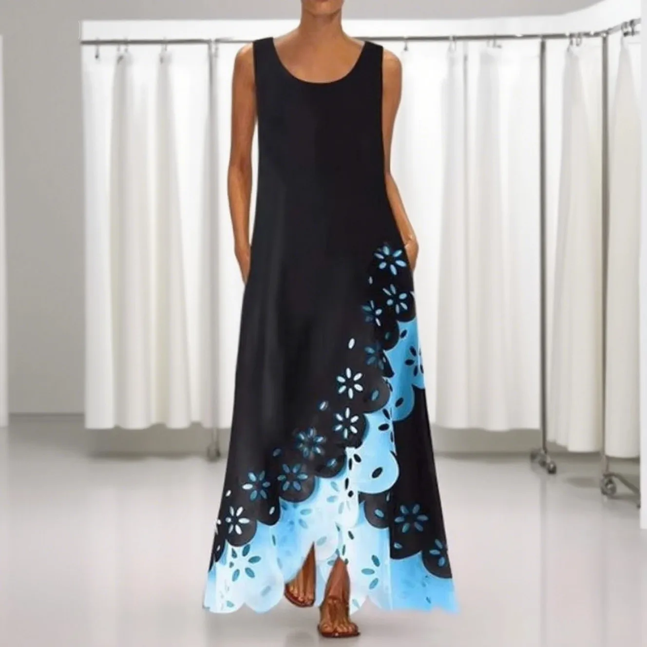 2025 Hollow Flower Irregular Hem Sleeveless Tank Dresses O Neck Dress Summer Fake Two Piece Swing Maxi Dress Casual Long Dress