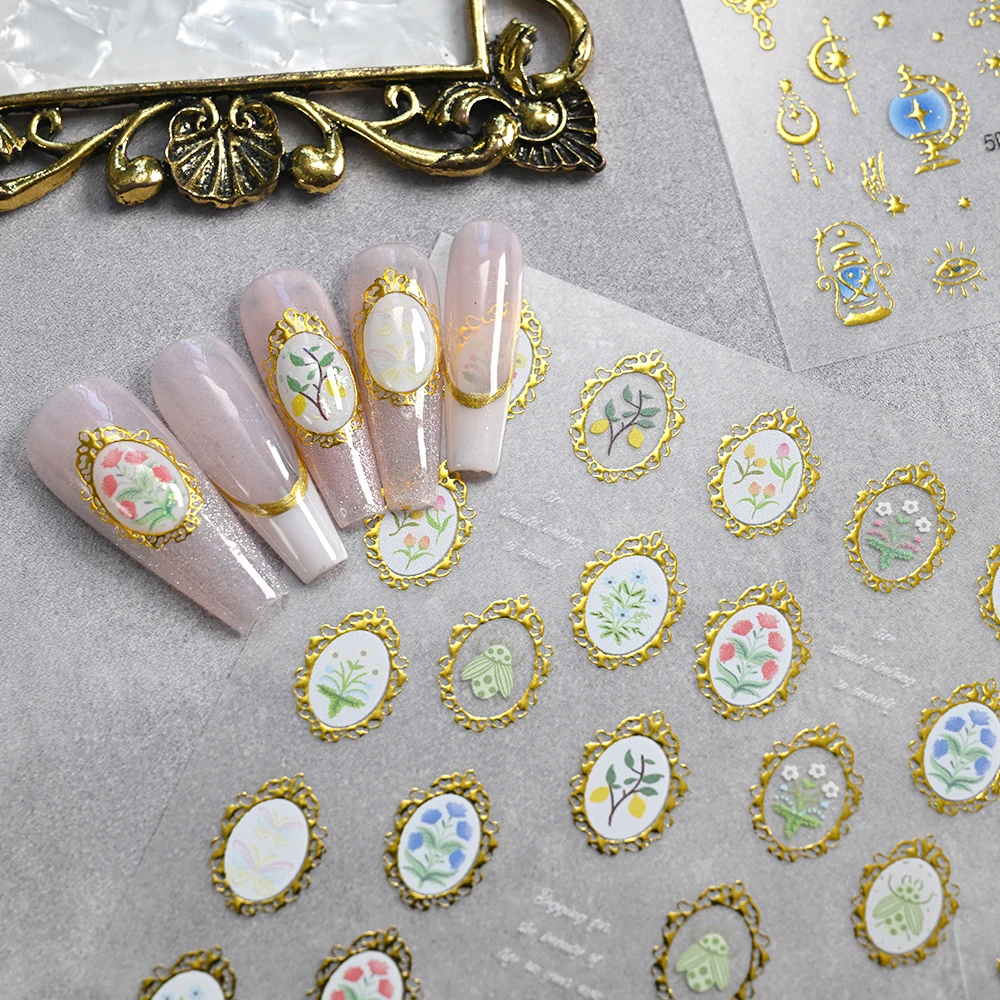 1pcs 5D Gilded Tulip Butterfly Nail Stickers Retro Gold-edged Stamps Galaxy Tassel Decorative Stickers Gorgeous Manicure Decal