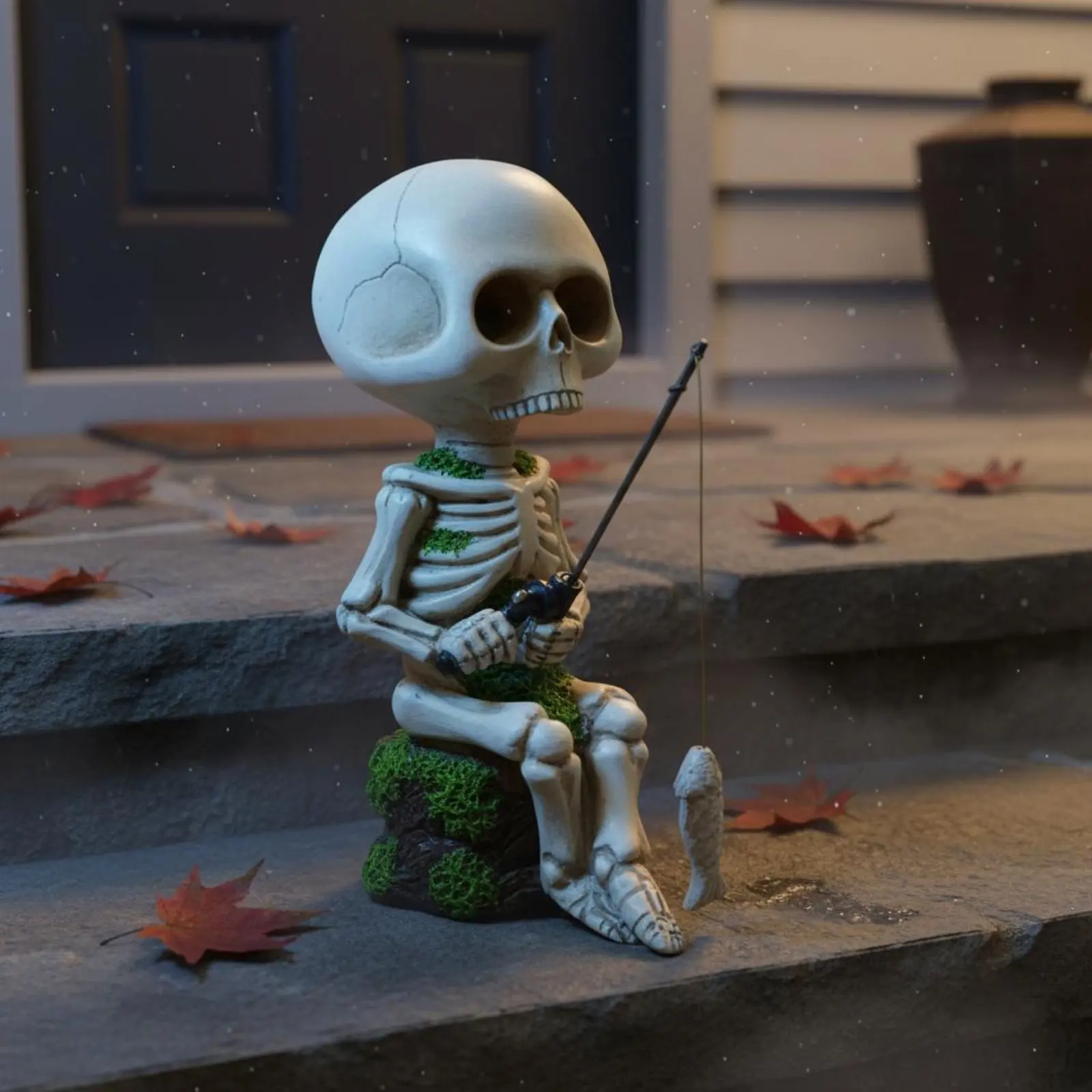 

Fishing Skeleton Figurine Playful Design Fishing Skeleton Statue Sitting Skull Figurine Detailed Craftsmanship for Pond Decor