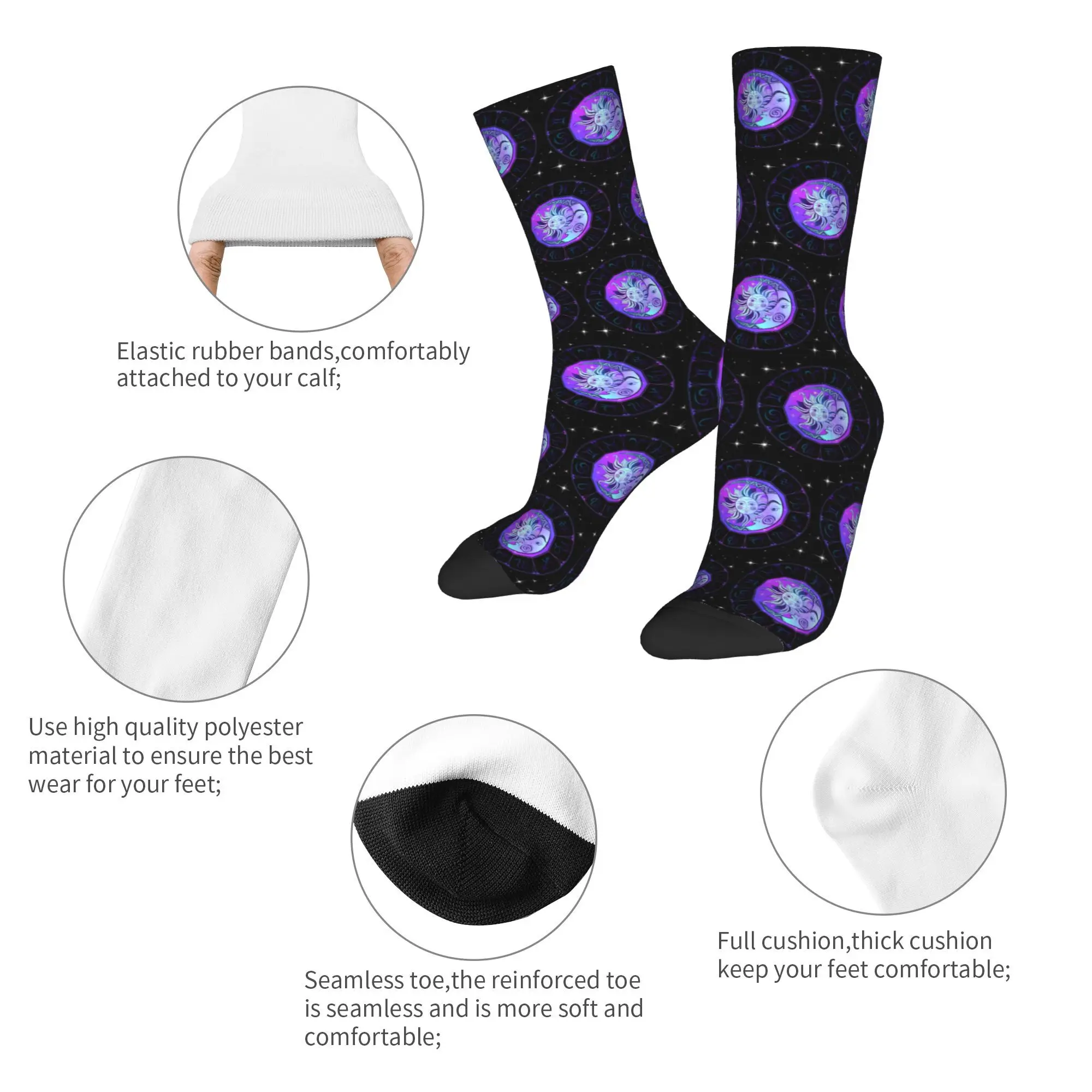 Zodiac Wheel Space Purple Socks Harajuku Sweat Absorbing Stockings All Season Long Socks Accessories for Unisex Christmas Gifts