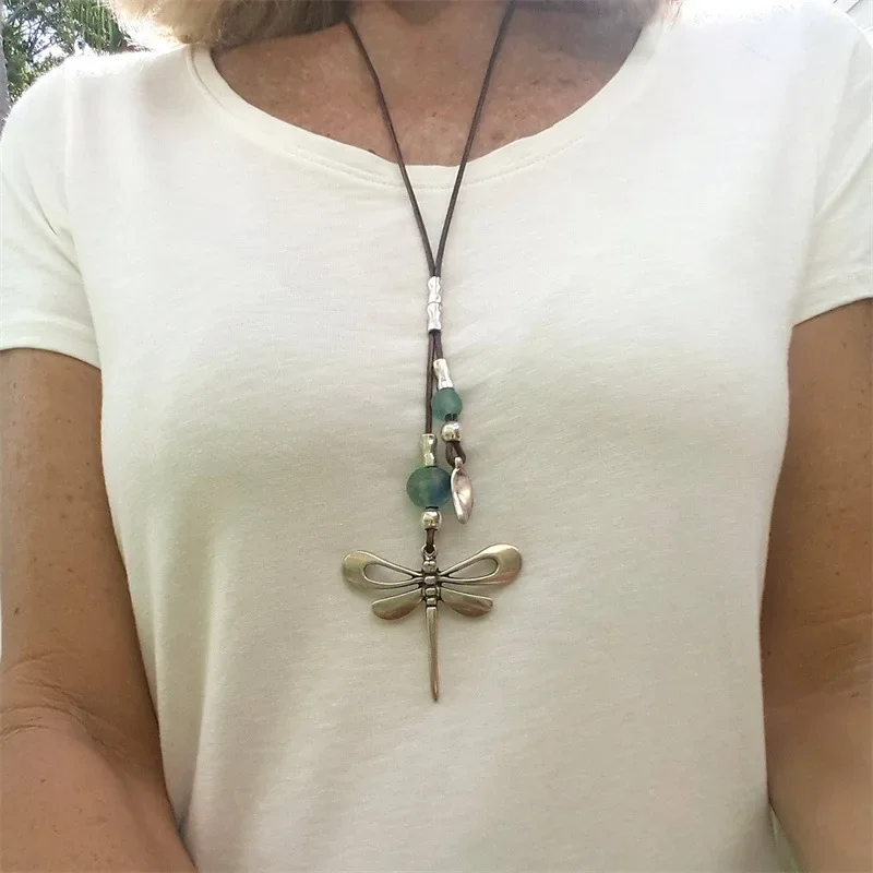 Dragonfly Necklace for Women, Long Leather Necklace, Ibiza Jewelry, Chunky Silver Pedant, Insect Lover, Nature Lover Gifts