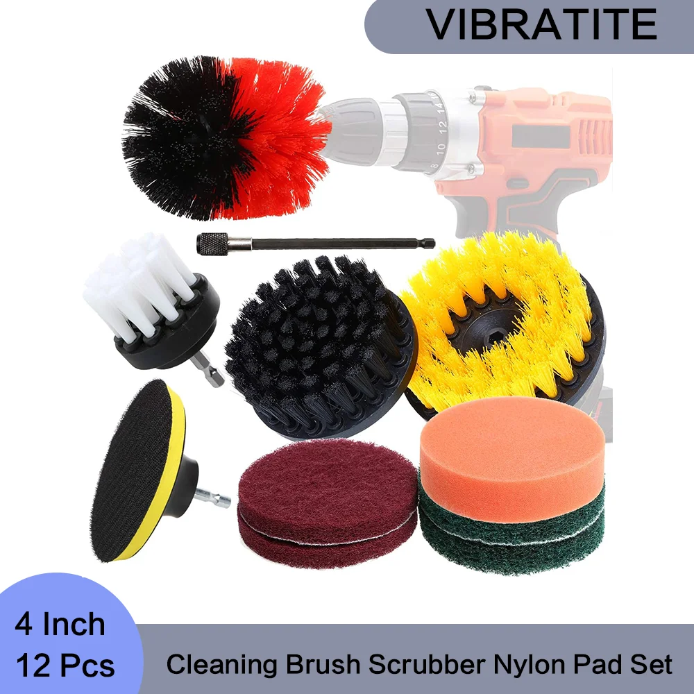 4 Inch Cleaning Brush Scrubber Nylon Pad Set 12 Pcs with Pads Connector Sponge Scrub Pads Brush Extender for Cleaning Toilet