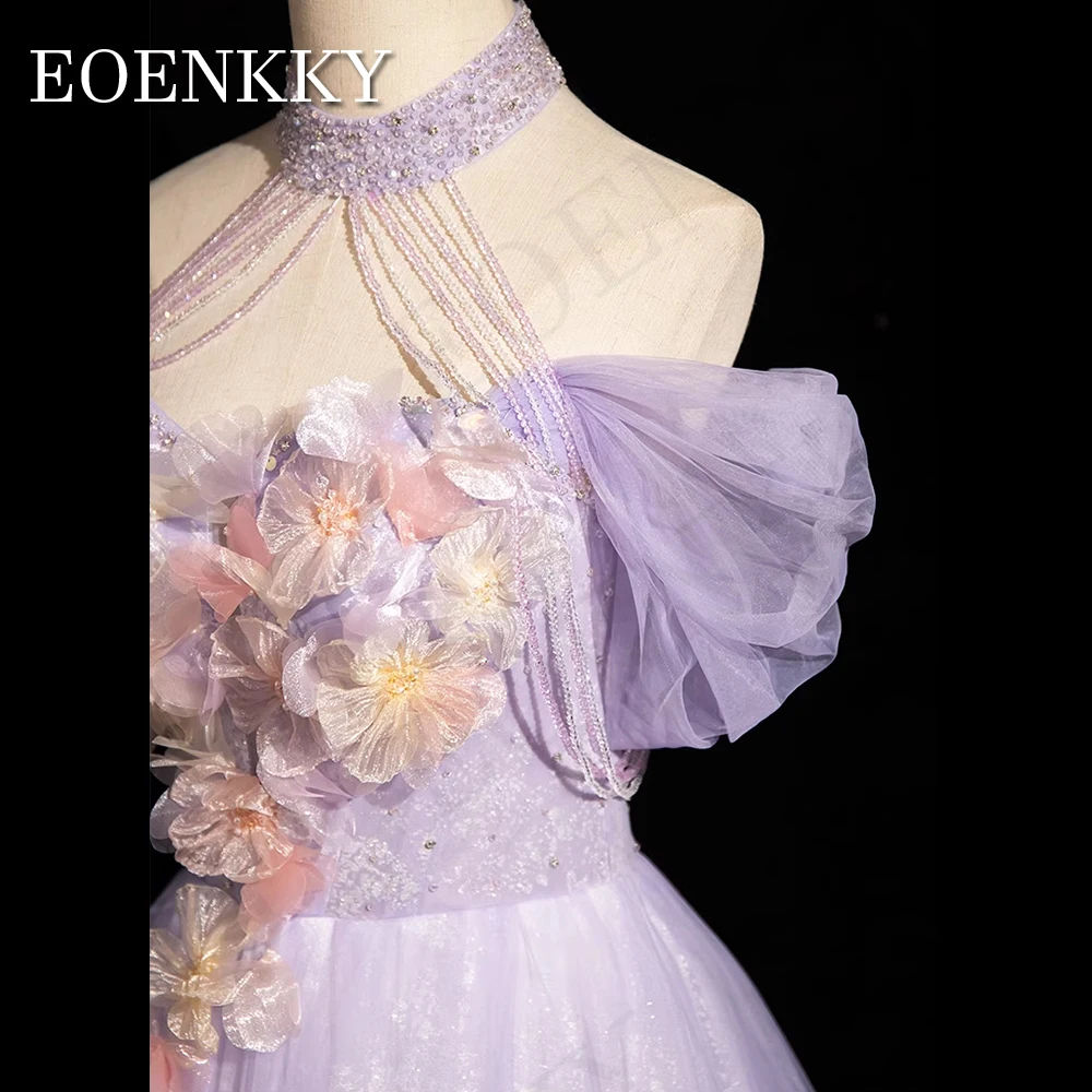 Purple Halter Beading Prom Dresses Elegant 3D Flowers Lace A Line Special Occasion Dress Off Shoulder Tulle vestidos de gala