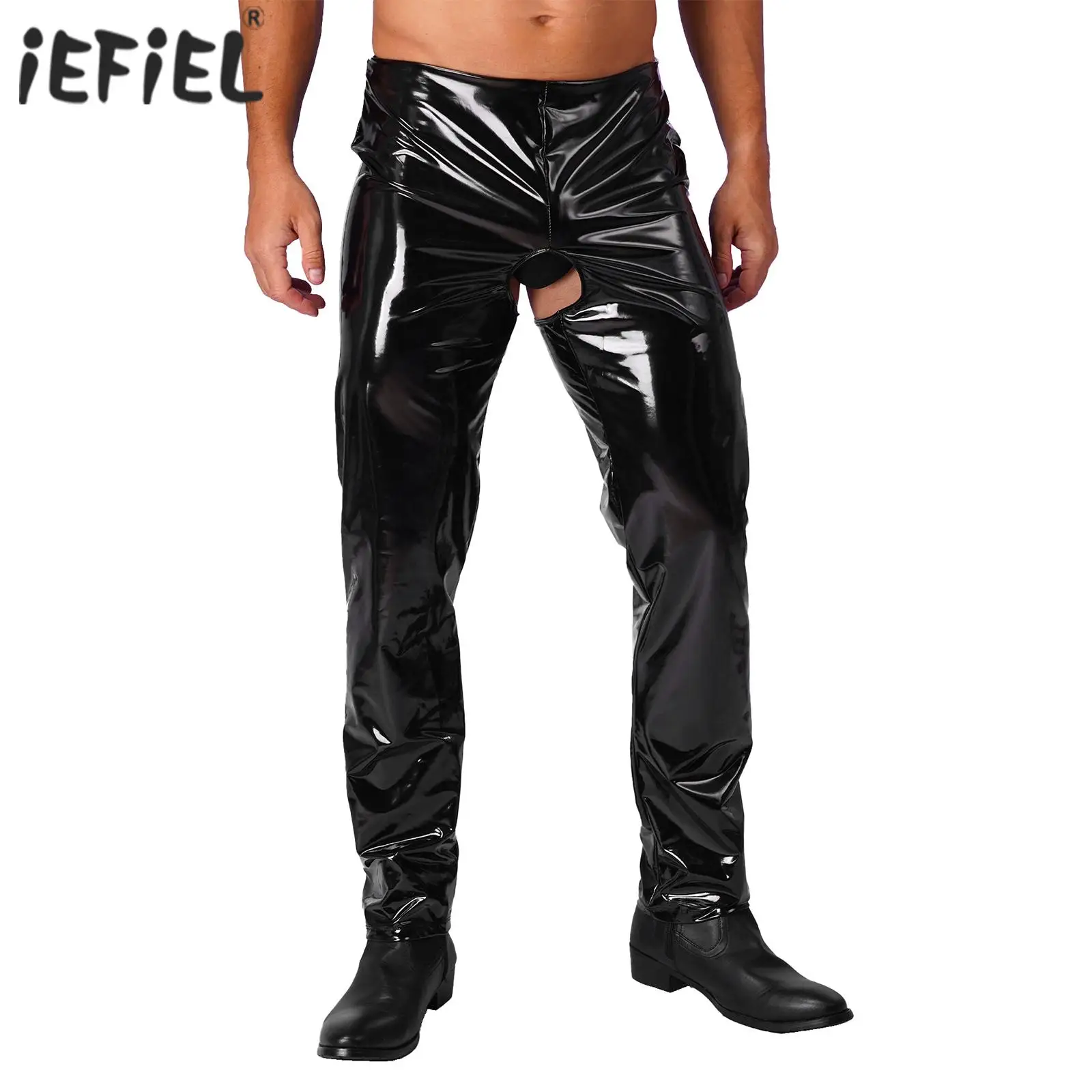 Mens Lingerie Latex Pants Wet Look Patent Leather Open Crotch And Open Butt Pants Skinny Stretchy Legging Trousers