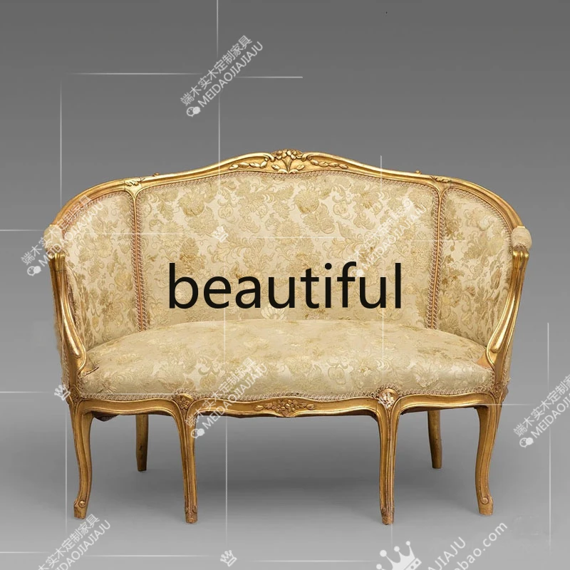 French solid wood carving flower double three-person sofa, fabric jacquard studio club sofa, negotiation chair